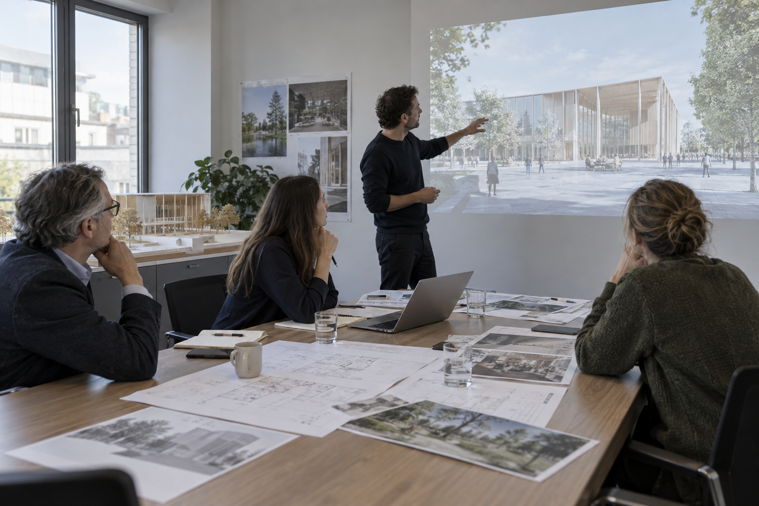 An architect explains a future building with printed plans and a projected slide in an ordinary meeting room.