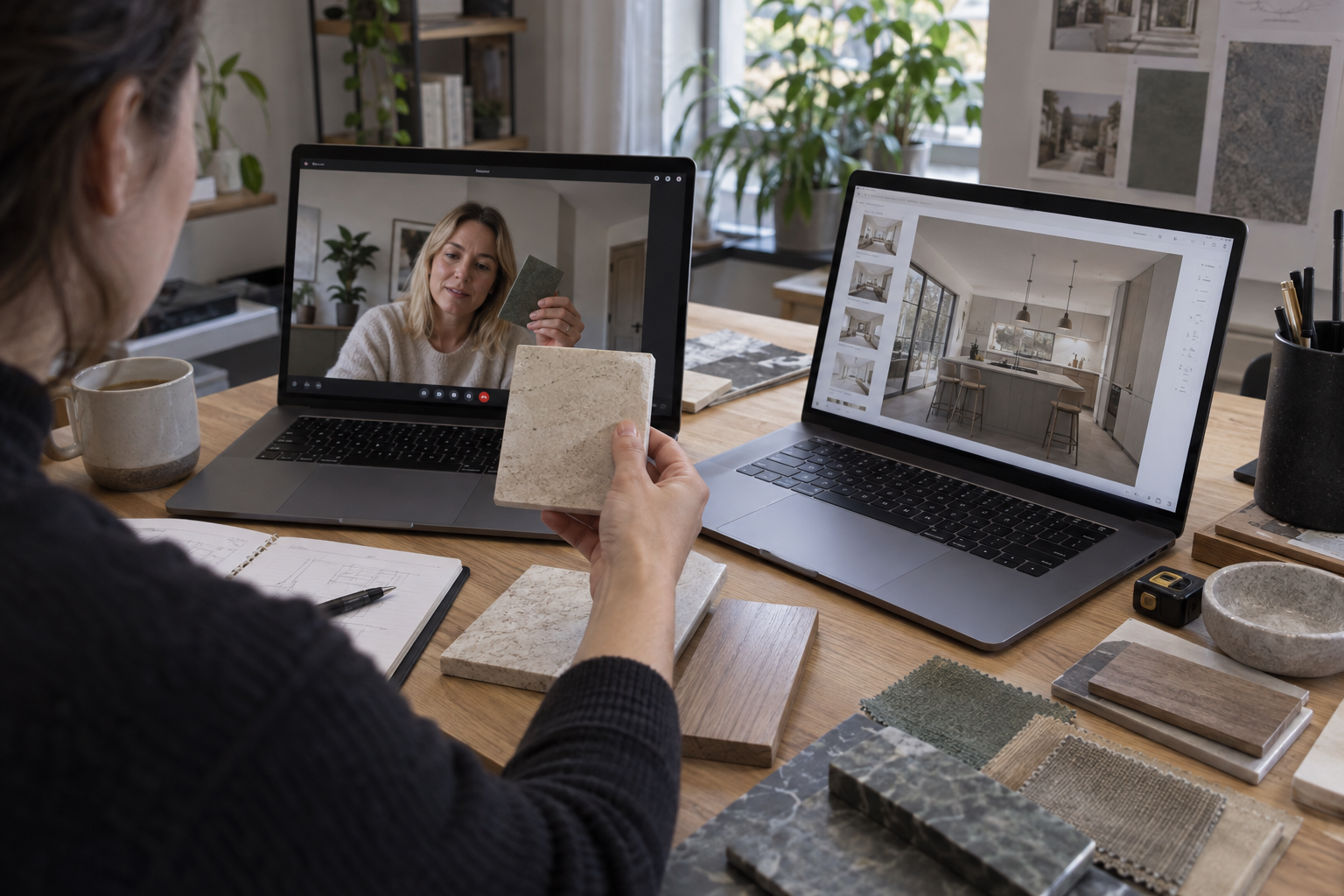 A designer holds a stone sample towards a webcam beside separate screens showing a remote client and a static interior rendering.