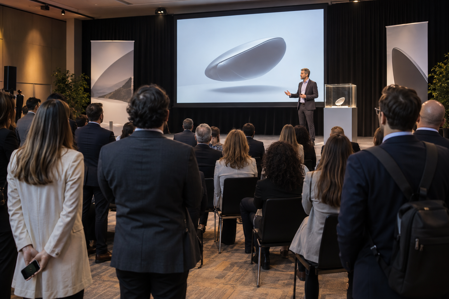 An audience watches a conventional stage presentation and product screen at a corporate exhibition launch.