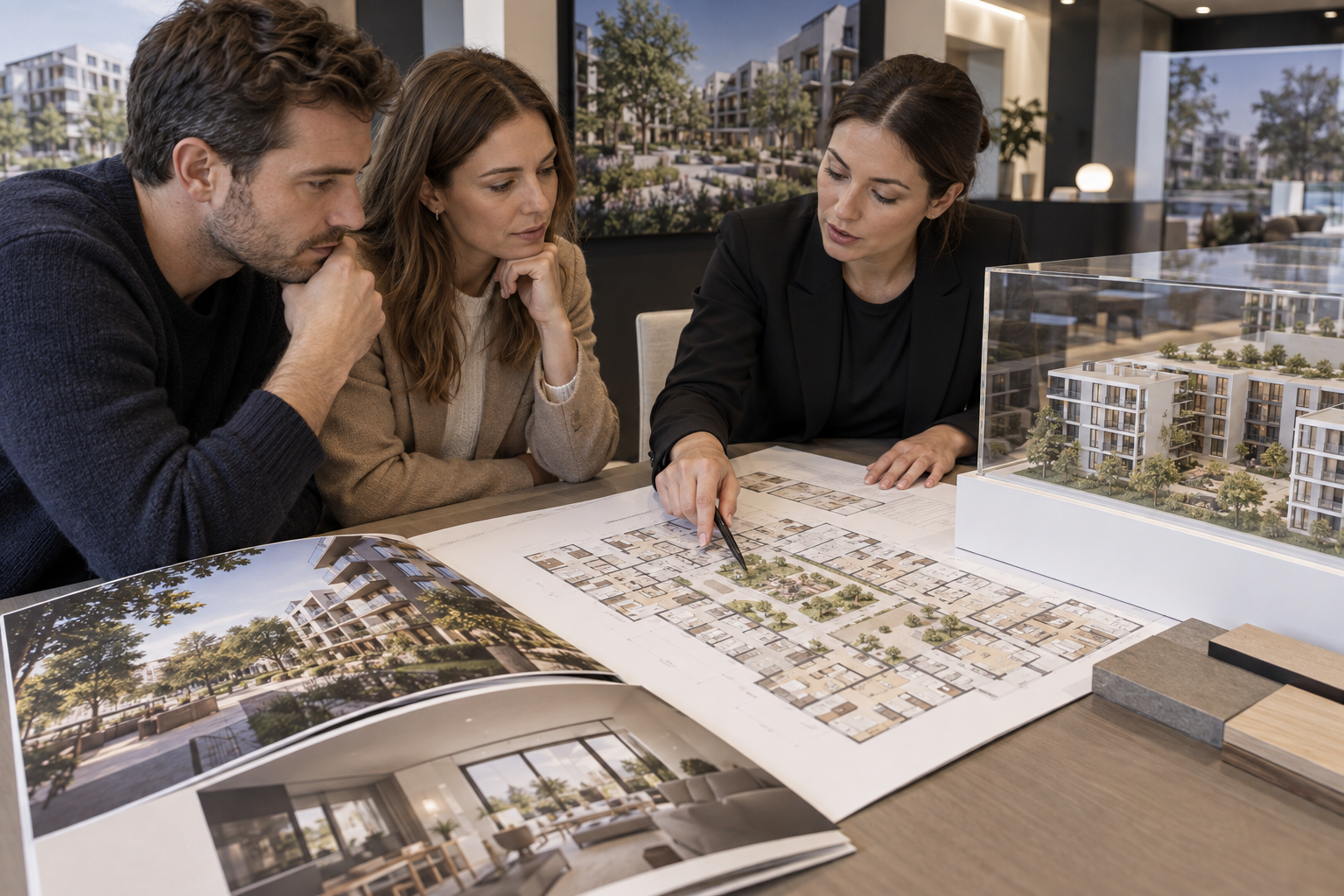 A couple compares brochures, printed floor plans and an enclosed scale model with a property sales representative.