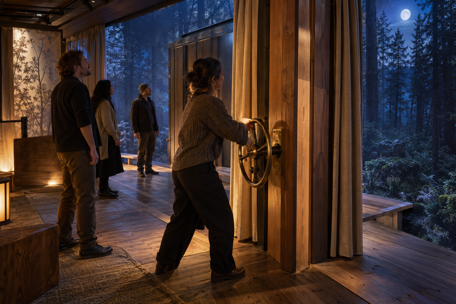 Visitors turn a brass wheel beside movable timber panels as real curtains open onto a projected moonlit forest.